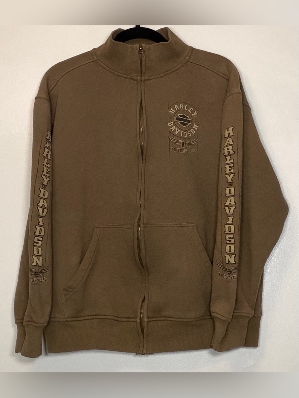 Vintage Y2K Harley-Davidson Brown Full-Zip Sweatshirt with Logo Sleeve Graphics